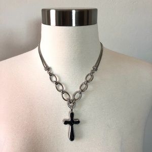 Black Cross Necklace with Silver Cable Chain